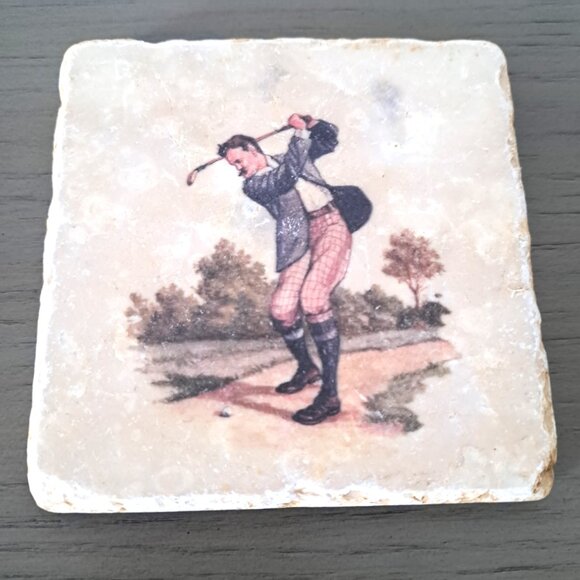VTG Golf 19th-c Images Coaster Set Handcrafted Marble Giftware by Studio Vertu - Picture 3 of 9